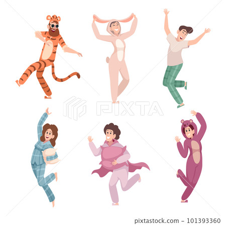 Pajamas party. Funny characters male and female in relax sleep clothes playing exact vector cartoon illustration 101393360