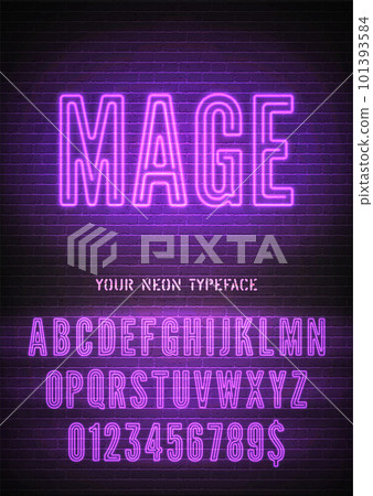 Vector magic night light sign and narrow purple neon bold font with numbers on dark brick background 101393584