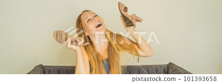 young woman received online shopping parcel opening boxes and buying fashion items by using credit card BANNER, LONG FORMAT young woman received online shopping parcel opening boxes and buying fashion items by using credit card BANNER, LONG FORMAT 101393658