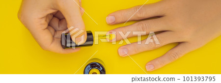 Woman Hands Care. Top View Of Beautiful Smooth Woman's Hands With Professional Nail Care Tools For Manicure On yellow Background. Closeup Of Healthy Female Nails With yellow Nail Polish. High Woman Hands Care. Top View Of Beautiful Smooth Woman's Hands With Professional Nail Care Tools For Manicure On yellow Background. Closeup Of Healthy Female Nails With yellow Nail Polish. High 101393795