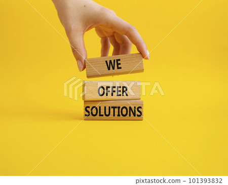 We offer solutions symbol. Concept words We offer solutions on wooden blocks. Beautiful yellow background. Businessman hand. Business and We offer solutions concept. Copy space. We offer solutions symbol. Concept words We offer solutions on wooden blocks. Beautiful yellow background. Businessman hand. Business and We offer solutions concept. Copy space. 101393832