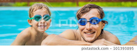 Dad and son in swimming Goggles have fun in the pool BANNER, LONG FORMAT 101393895
