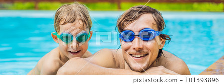 Dad and son in swimming Goggles have fun in the pool BANNER, LONG FORMAT 101393896
