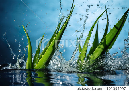 Aloe vera leaves slpashing in water at blue background, freeze with extreme fast shutter speed, macro closeup, AI generative image 101393997