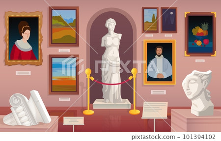 Museum statue. Sculpture anthropology exhibition and paintings on wall inside ancient castle or gallery hall, ancient old palace interior, cartoon ingenious vector illustration Museum statue. Sculpture anthropology exhibition and paintings on wall inside ancient castle or gallery hall, ancient old palace interior, cartoon ingenious vector illustration 101394102