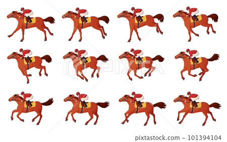 Horse rider animation. Cavalier riding motion frames cycle, jockey galloping or trot running horses, run pirouette pose for race derby or medieval military cinema, ingenious vector 101394104