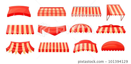 Store canopies. Red storefront canopy or striped awnings outdoor shop, sunshade sheltered market rain tent for roof restaurant window umbrella summer cafe, neat vector illustration 101394129