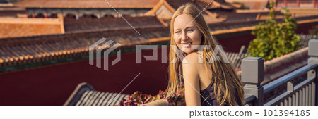 Enjoying vacation in China. Young woman in Forbidden City. Travel to China concept. Visa free transit 72 hours, 144 hours in China BANNER, LONG FORMAT 101394185
