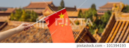 Enjoying vacation in China. Young woman with national chinese flag in Forbidden City. Travel to China concept. Visa free transit 72 hours, 144 hours in China BANNER, LONG FORMAT 101394193
