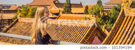 Enjoying vacation in China. Young woman in Forbidden City. Travel to China concept. Visa free transit 72 hours, 144 hours in China BANNER, LONG FORMAT 101394194