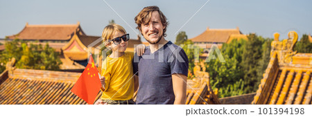 Enjoying vacation in China. Happy family with national chinese flag in Forbidden City. Travel to China with kids concept. Visa free transit 72 hours, 144 hours in China BANNER, LONG FORMAT 101394198