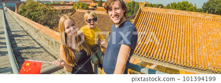 Enjoying vacation in China. Happy family with national chinese flag in Forbidden City. Travel to China with kids concept. Visa free transit 72 hours, 144 hours in China BANNER, LONG FORMAT 101394199
