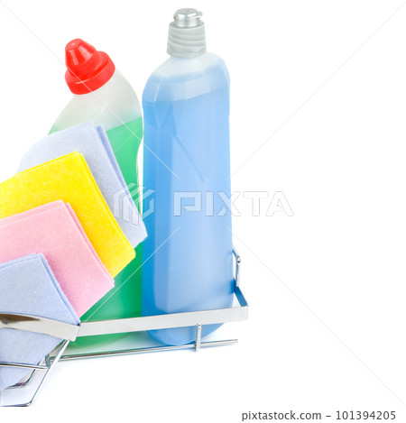 Bottles with household chemicals and napkins isolated on white . Free space for text. Bottles with household chemicals and napkins isolated on white . Free space for text. 101394205