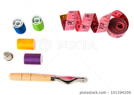 Sewing accessories isolated on white . Collage. Free space for text. 101394209