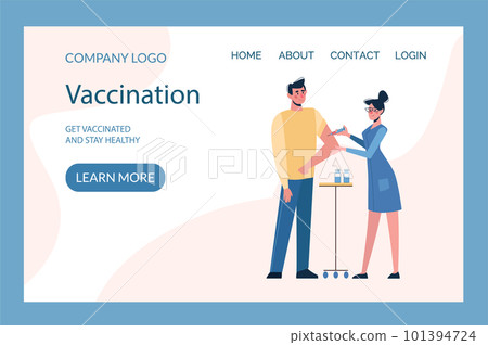 Vaccination website. Vaccination of people against various diseases, including the coronavirus COVID-19. A nurse gives a man vaccine. Prevention, injections. Health vector. Medical site, landing pages 101394724