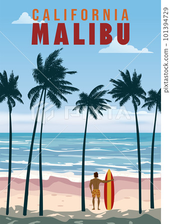 California Malibu Beach retro travel poster vector California Malibu Beach retro travel poster vector 101394729