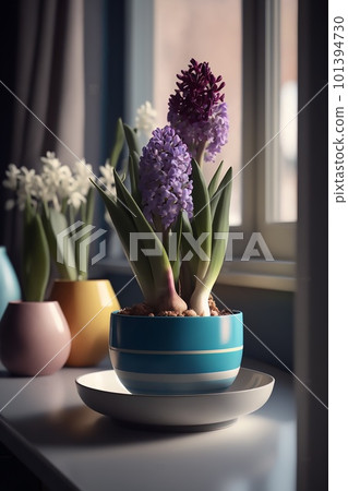 Flowering hyacinths stand in blue ceramic pot, by the window Flowering hyacinths stand in blue ceramic pot, by the window 101394730