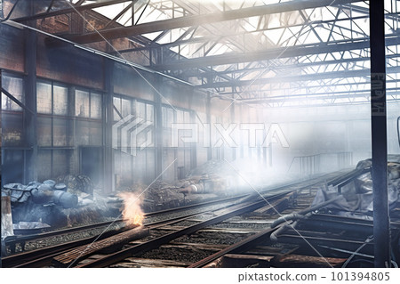 Architectural view, abandoned industrial place, tracks of vandalism, AI generative image Architectural view, abandoned industrial place, tracks of vandalism, AI generative image 101394805