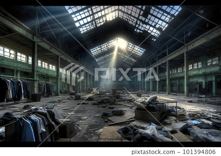 Architectural view, abandoned industrial place, tracks of vandalism, AI generative image 101394806