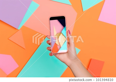 Hand holding a smartphone mock up. AI generative image Hand holding a smartphone mock up. AI generative image 101394810