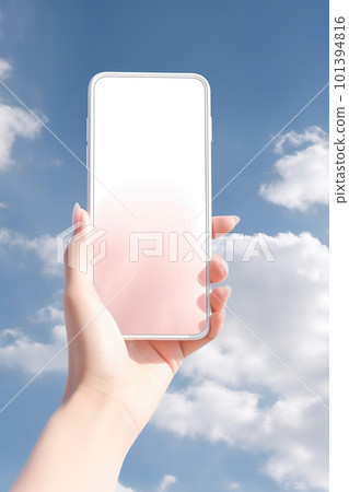Hand holding a smartphone mock up. AI generative image Hand holding a smartphone mock up. AI generative image 101394816