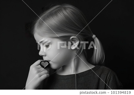 Listen to your heart. Thinkful and little unsettling small girl holding heart shaped object. Black and white portrait. AI generative image Listen to your heart. Thinkful and little unsettling small girl holding heart shaped object. Black and white portrait. AI generative image 101394819
