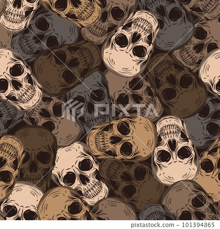 Brown camouflage pattern with human skulls. Monochrome background. Vintage style. Dense random chaotic composition. Good for apparel, fabric, textile, sport goods. 101394865