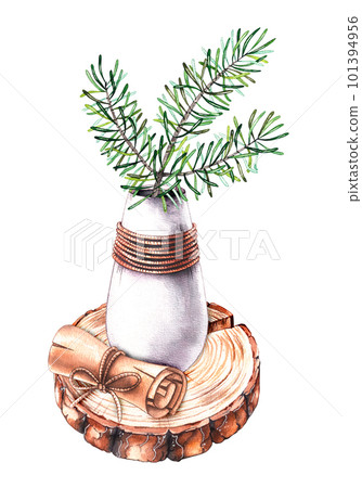 Watercolor sprig of pine needles in a vase with a scroll and a saw cut 101394956