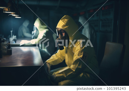 Alarming situation with nuclear reactor or hazardous chemical production. Concerned people in yellow heavy full protective suits. People AI generative image 101395243