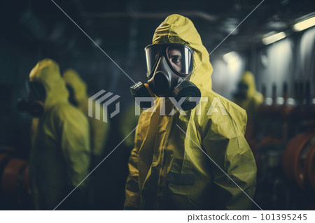 Alarming situation with nuclear reactor or hazardous chemical production. Concerned people in yellow heavy full protective suits. People AI generative image Alarming situation with nuclear reactor or hazardous chemical production. Concerned people in yellow heavy full protective suits. People AI generative image 101395245