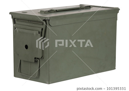 US army green metal .50 cal ammo box isolated on white. US army green metal .50 cal ammo box isolated on white. 101395331