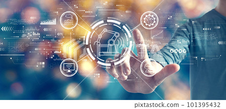 Smart industry concept with man on blurred city light background 101395432