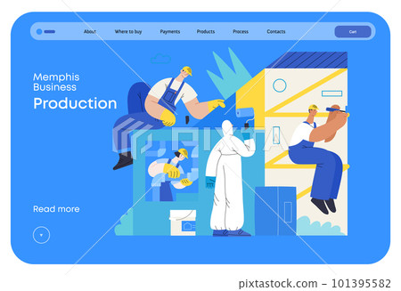 Memphis business illustration. Collaboration -modern flat vector concept illustration, team, people constructing a building together, painting, assembling, mounting. Corporate teamwork metaphor. Memphis business illustration. Collaboration -modern flat vector concept illustration, team, people constructing a building together, painting, assembling, mounting. Corporate teamwork metaphor. 101395582