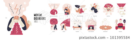 Mental disorders illustration set. PTSD anxiety -fears -dementia, depression, procrastination. Sleep, personality, mood, dissociative identity, bipolar and eating disorders. Emotional traumas concept Mental disorders illustration set. PTSD anxiety -fears -dementia, depression, procrastination. Sleep, personality, mood, dissociative identity, bipolar and eating disorders. Emotional traumas concept 101395584