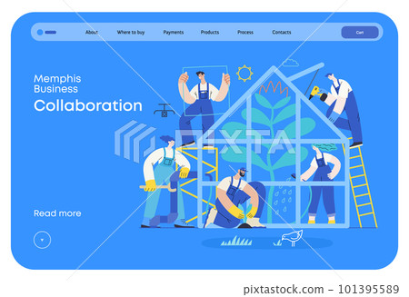 Memphis business illustration. Collaboration -modern flat vector concept illustration, team, people working together in greenhouse, constructing, watering, planting. Corporate teamwork metaphor. 101395589