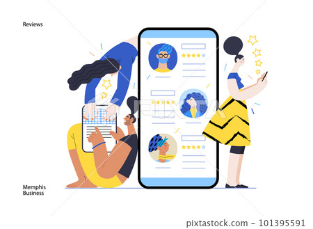 Memphis business illustration. Reviews -modern flat vector concept illustration of people rating articles and writing reviews. Corporate business reputation metaphor. 101395591