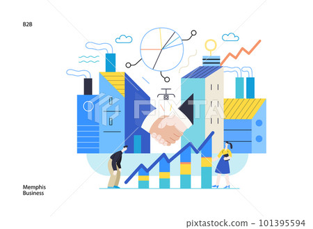 Memphis business illustration. B2B -modern flat vector concept illustration of handshaking partners, industrial buildings and chart with managers. Corporate business partnership metaphor. 101395594