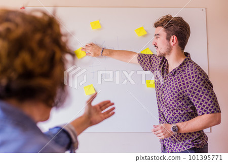 Hipanic young entrepreneur planning a strategy for future success on a billboard in spanish. Coach communication training for businessman 101395771