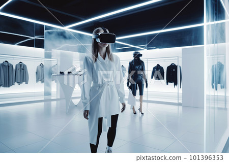 Woman in VR headset walks in store, people customers using virtual reality, generative AI 101396353