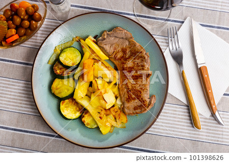 Grilled beef with eggplant and potatoes served beautifully on plate Grilled beef with eggplant and potatoes served beautifully on plate 101398626
