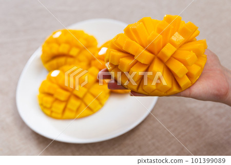 Pieces of ripe mango served on platter Pieces of ripe mango served on platter 101399089