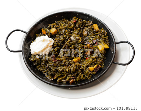 Traditional Valencian seafood black paella Arroz negro with squid ink Traditional Valencian seafood black paella Arroz negro with squid ink 101399113