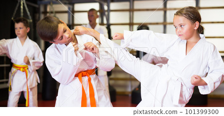 Kids on karate training in gym Kids on karate training in gym 101399300