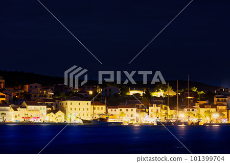 Night panorama of Rogoznica. Adriatic town of Rogoznica aerial coastline view, Croatia 101399704