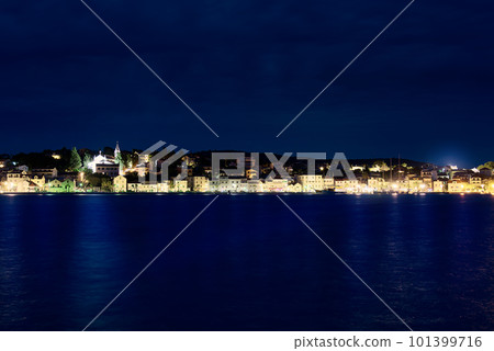 Night panorama of Rogoznica. Adriatic town of Rogoznica aerial coastline view, Croatia Night panorama of Rogoznica. Adriatic town of Rogoznica aerial coastline view, Croatia 101399716