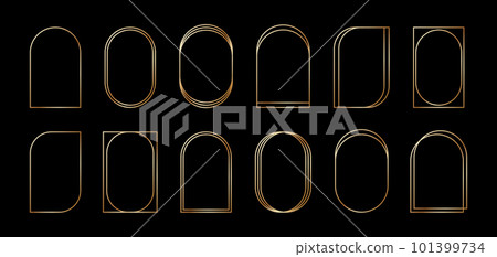 Golden geometric frames in art deco style. Luxury gold borders for for wedding invitation. Thin line oval arch set for invitation decoration. Vector illustration isolated on black background 101399734