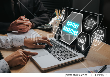 Content Marketing comcept, Business team working on laptop computer with content marketing icon on virtual screen. Content Marketing comcept, Business team working on laptop computer with content marketing icon on virtual screen. 101399896