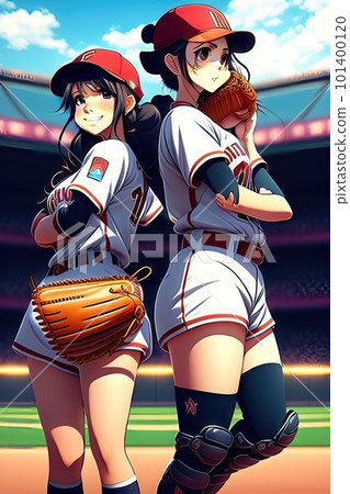 Anime style illustration of young girl holding baseball bat on white background. 101400120