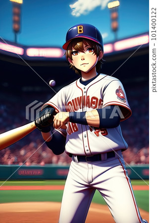 Anime style illustration of young girl holding baseball bat on white background. 101400122