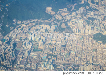 29 Oct 2013 hong kong skyline, view from a flying airplane. 29 Oct 2013 hong kong skyline, view from a flying airplane. 101400355